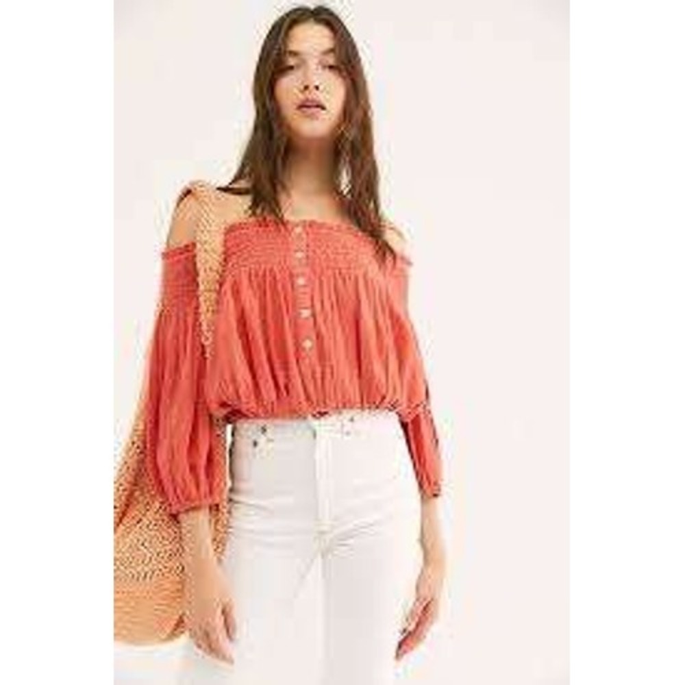 We The Free Crop Top Size S Orange Dancing Til Dawn Smocked Off Shoulder Cotton